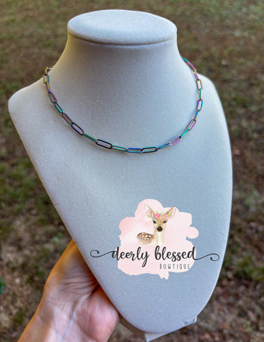 Rainbow paper clip chain necklace