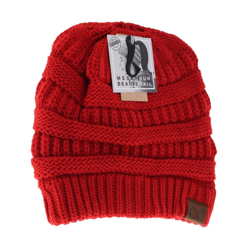 Red messy bun beanie