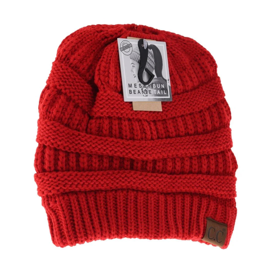 Red messy bun beanie
