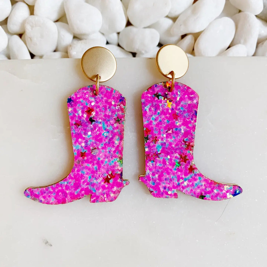 Pink glam cowgirl boot earrings